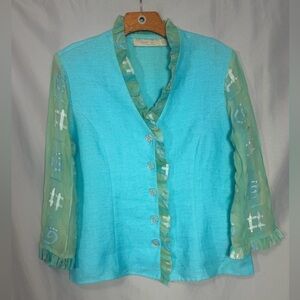 Taylor G Dallas Texas Bright Blue Green Linen Silk Button Front Blouse Top Sz M